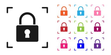 Beyaz arkaplanda kilit simgesi olan siyah parmak izi. Kimlik uygulaması simgesi. Kimlik işareti. Kimliğe dokun. Simgeleri renklendirin. Vektör.