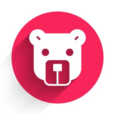 Beyaz Ayı başı simgesi uzun gölgeli izole edilmiş. Kırmızı daire düğmesi. Vektör.