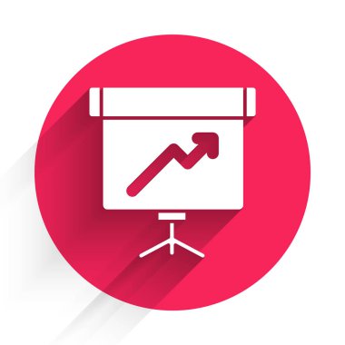 Grafik, çizelge, grafik, diyagram, bilgi tablosu ve uzun gölgeli turta grafik simgesi içeren beyaz sunum tahtası. Kırmızı daire düğmesi. Vektör.
