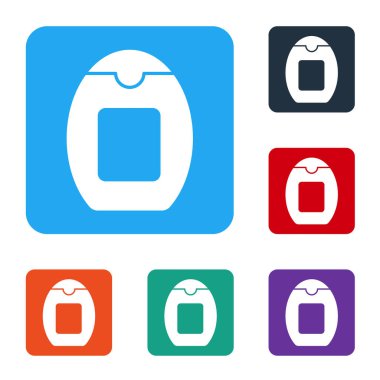 Beyaz arka planda izole edilmiş beyaz şampuan ikonu. Renkli kare düğmelerle simgeleri ayarla. Vektör.