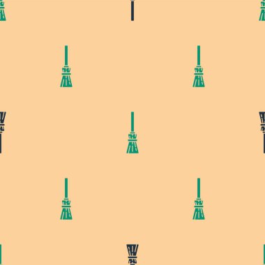 Yeşil ve siyah cadıların süpürge ikonu bej arkaplandaki kusursuz deseni izole etti. Mutlu Cadılar Bayramı Partisi. Vektör.