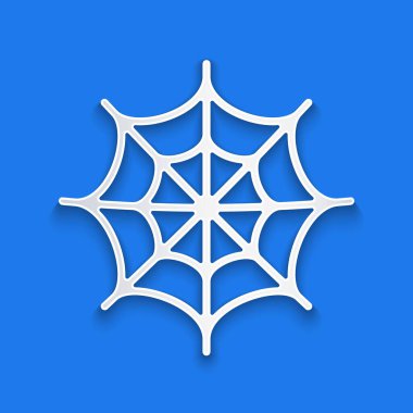 Kağıt kesiği Örümcek Ağı simgesi mavi arkaplanda izole edilmiş. Örümcek ağı işareti. Mutlu Cadılar Bayramı Partisi. Kağıt sanatı tarzı. Vektör.
