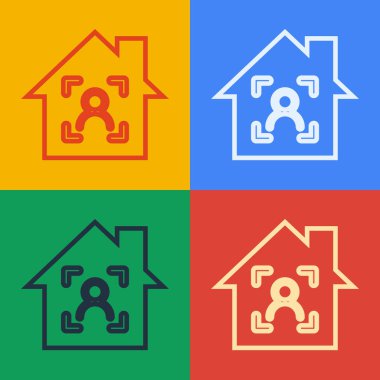 Pop sanat serisi yüz tanıma simgesine sahip akıllı ev renk arkaplanında izole. Yüz tanımlama simgesi. Yüz tanıma. Siber güvenlik kavramı. Vektör.