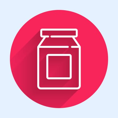 İnternetten sipariş edilen beyaz hat ve fast food dağıtım ikonu uzun gölgeli. Kırmızı daire düğmesi. Vektör.