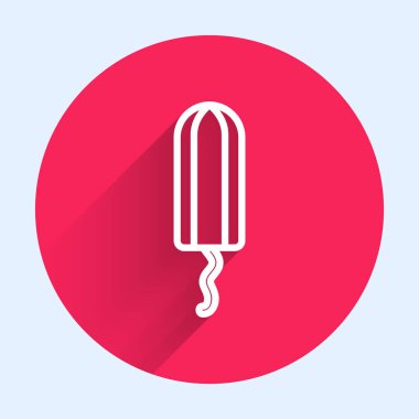 Beyaz çizgi adetleri ve uzun gölgeli hijyenik tampon ikonu. Kadın hijyen ürünleri. Kırmızı daire düğmesi. Vektör.