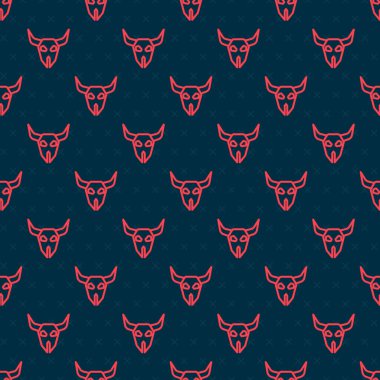 Kırmızı çizgi Bufalo kafatası ikonu siyah arka planda kusursuz deseni izole etti. Vektör.