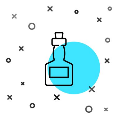 Beyaz arkaplanda siyah çizgi Tabasco sosu simgesi izole edildi. Kırmızı biberli baharatlı biber sosu. Rastgele dinamik şekiller. Vektör.