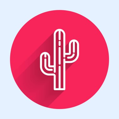 Beyaz çizgi Kaktüs ikonu uzun gölgeli izole edilmiş. Kırmızı daire düğmesi. Vektör.