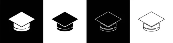 Définir Icône Casquette Graduée Isolée Sur Fond Noir Blanc Chapeau — Image vectorielle