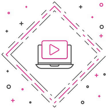 Line Online video simgesi beyaz arkaplanda izole edildi. Dizüstü bilgisayar ve oyun işaretli film şeridi. Renkli taslak konsepti. Vektör İllüstrasyonu.