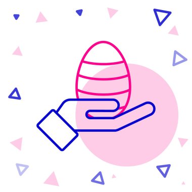 Beyaz arka planda insan eli ve paskalya yumurtası ikonu var. Mutlu Paskalyalar. Renkli taslak konsepti. Vektör İllüstrasyonu.