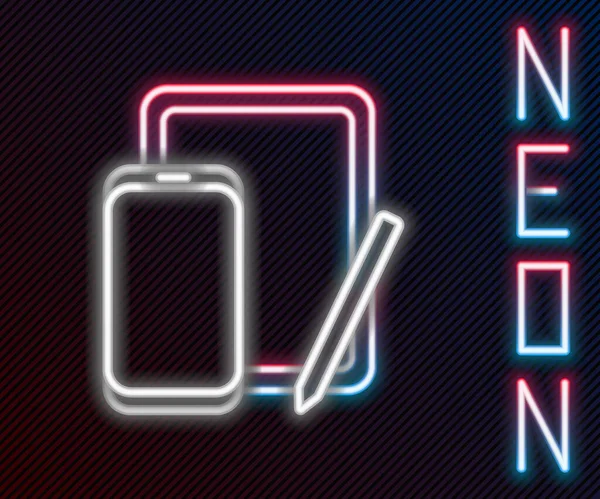 Zářící Neonová Linka Smartphone Mobilní Telefon Grafický Tablet Ikona Izolované — Stockový vektor