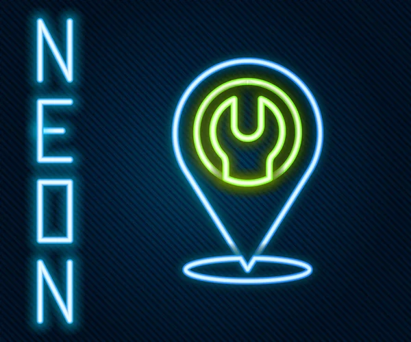 Világító Neon Vonal Helyszín Csavarkulcs Ikon Elszigetelt Fekete Háttér Beállítás — Stock Vector
