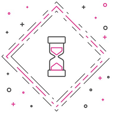 Beyaz zemin üzerinde kum ikonu olan çizgi Eski kum saati. Kum saati işareti. İş ve zaman yönetimi kavramı. Renkli taslak konsepti. Vektör.