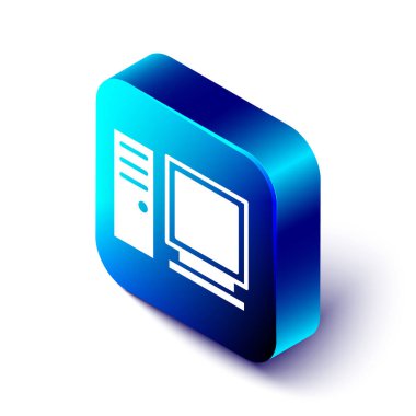 Isometric Bilgisayar monitörü simgesi beyaz arkaplanda izole edildi. Bilgisayar bileşeni işareti. Mavi kare düğme. Vektör İllüstrasyonu.