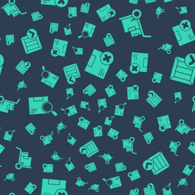 Karton karton kutuyu ve silmeyi, el arabası ve kutuları, arama paketini ve işaretli tahta kutuyu kusursuz desenli olarak ayarla. Vektör.