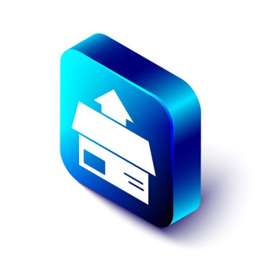 Isometric Karton karton kutu simgesi beyaz arkaplanda izole edildi. Kutu, paket, paket işareti. Teslimat ve ambalaj. Mavi kare düğme. Vektör İllüstrasyonu.