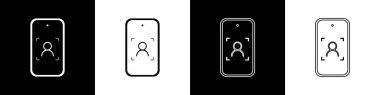 Cep telefonunu ve yüz tanıma simgesini siyah beyaz arkaplanda izole et. Yüz tanımlama simgesi. Yüz tanıma. Siber güvenlik. Vektör.
