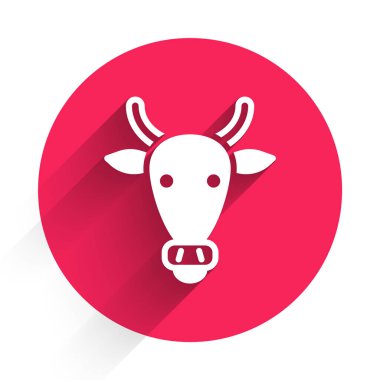Beyaz İnek kafası simgesi uzun gölgeli izole edilmiş. Kırmızı daire düğmesi. Vektör.