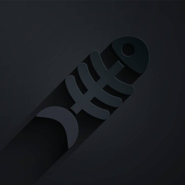 Kağıt kesiği, siyah arka planda izole edilmiş balık iskeleti simgesi. Balık kemiği işareti. Kağıt sanatı tarzı. Vektör.