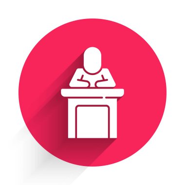 Beyaz Sözcü simgesi uzun gölgeyle izole edildi. Ben Tribün 'den hatip. Halka açık konuşma. Kürsüde biri var. Kırmızı daire düğmesi. Vektör.