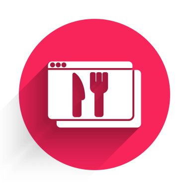 White Online sipariş ve fast food dağıtım ikonu uzun gölgeli. Kırmızı daire düğmesi. Vektör.