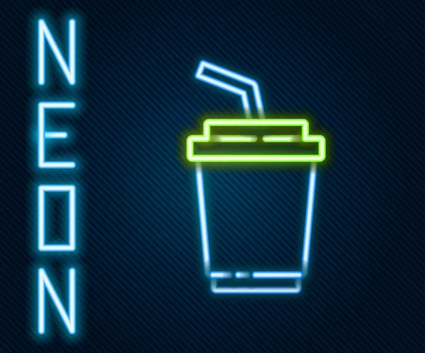 Gloeiende Neon Lijn Papier Glas Met Drinkstro Water Pictogram Geïsoleerd — Stockvector