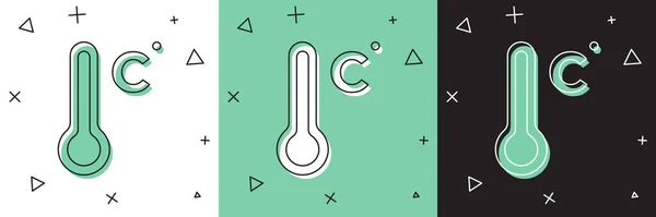 Set Meteorologie Thermometer Meten Pictogram Geïsoleerd Wit Groen Zwarte Achtergrond — Stockvector