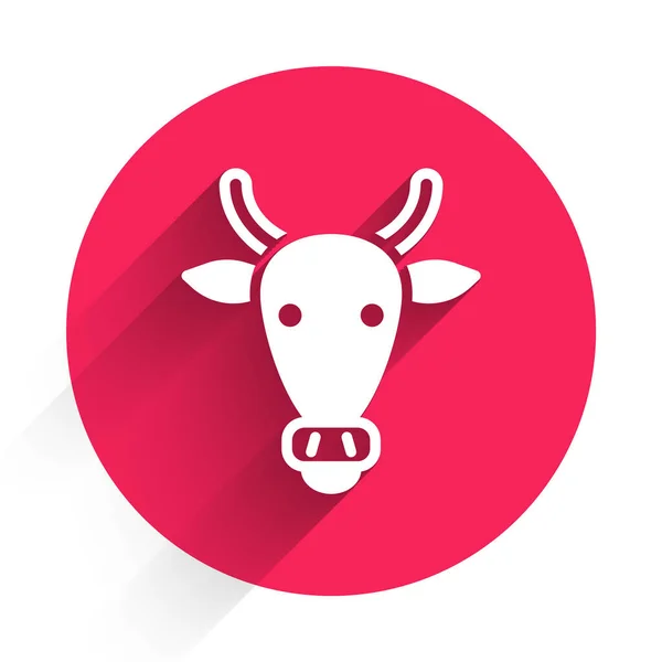 White Cow Head Icon Isolated Long Shadow Red Circle Button — Stock Vector