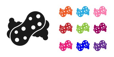 Beyaz zemin üzerinde baloncuk simgesi olan siyah sünger. Bulaşık yıkamak için bir tutam Bast. Temizlik servisi logosu. Simgeleri renklendirin. Vektör.