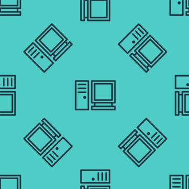 Siyah çizgi bilgisayar monitörü simgesi yeşil arkaplanda izole edilmiş kusursuz desen. Bilgisayar bileşeni işareti. Vektör İllüstrasyonu.