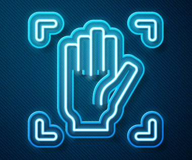 Parlayan neon çizgisi Palm print tanımlama simgesi mavi arkaplanda izole edildi. Biyometrik el taraması. Parmak izi tanımlaması. Sistem tanıma ve doğrulama. Vektör.