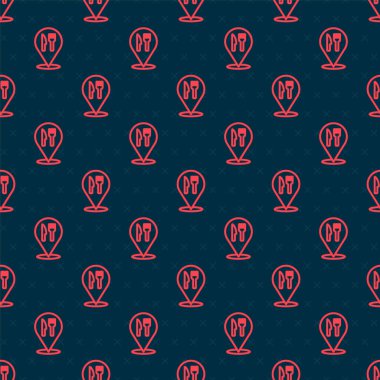 Kırmızı hat, kafe ve restoran konumu ikonu siyah arka planda izole edilmiş kusursuz desen. Noktanın içinde çatal ve kaşık yeme işareti var. Vektör..