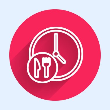 Saatin etrafındaki beyaz çizgi uzun gölgeli dağıtım ikonu. Kırmızı daire düğmesi. Vektör.