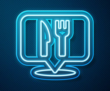 Parlayan neon hattı Cafe ve restoran konumu ikonu mavi arka planda izole edildi. Noktanın içinde çatal ve kaşık yeme işareti var. Vektör..
