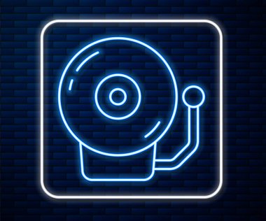 Parlayan neon hattı alarm zili simgesi tuğla duvar arka planında izole edildi. Alarm sembolü, servis zili, el zili işareti, uyarı sembolü. Vektör.