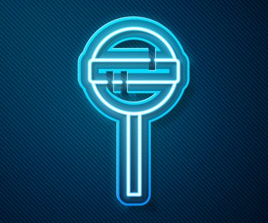 Parlayan neon hattı lolipop ikonu mavi arka planda izole edildi. Yemek, lezzetli bir sembol. Mutlu Cadılar Bayramı Partisi. Vektör.