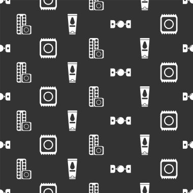 Kemerli silikon topu, güvenli seks paketinde prezervatif, doğum kontrol hapları, prezervatif ve kişisel kayganlaştırıcıyı kusursuz desene ayarlayın. Vektör.