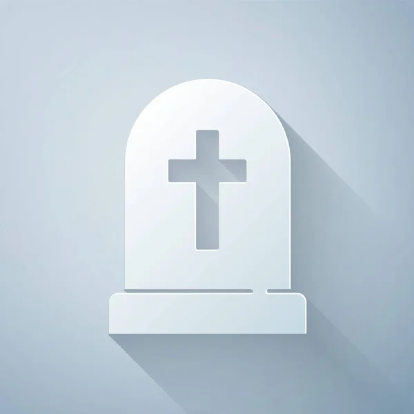 Lápida Cortada Papel Con Icono Cruz Aislado Sobre Fondo Gris — Vector de stock