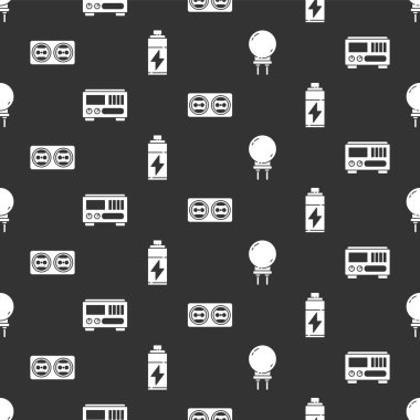 Işık yayan diyot, elektrik ölçüm aletleri, elektrik prizi ve bataryayı pürüzsüz şablona ayarlayın. Vektör.