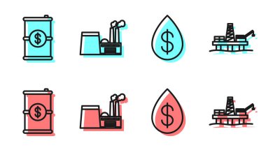 Dolarla petrol düşüşü, dolarla varil yağı, petrol endüstrisi binası ve deniz ikonunda petrol platformu kur. Vektör.