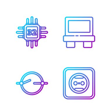 Elektrik prizi, elektrik devre şeması, mikro devreli işlemci ve fitili ayarla. Renk simgeleri. Vektör.