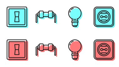 Fikir kavramına sahip çizgi lambası, elektrik düğmesi, rezistör elektriği ve elektrik çıkış ikonu. Vektör.