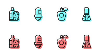 Parfüm, bir şişe şampuan ve sünger, terleme önleyici deodorant rulo ve makyaj fırçası ikonu. Vektör.