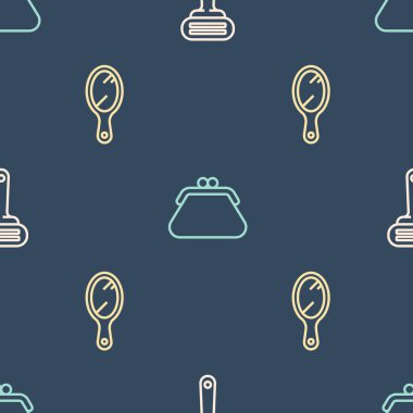 Tıraş bıçağı, el aynası ve debriyaj çantasını kusursuz desene ayarlayın. Vektör.