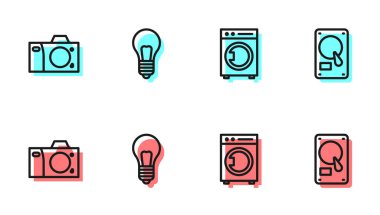 HDD simgesi ve fikir kavramına sahip çizgi yıkama, fotoğraf makinesi, ampul ve sabit disk sürücüsü ayarlayın. Vektör.