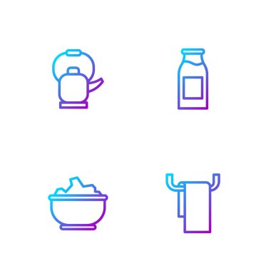 Askıda havlu, kasede deniz tuzu, saplı su ısıtıcısı ve şişe sütü. Renk simgeleri. Vektör.