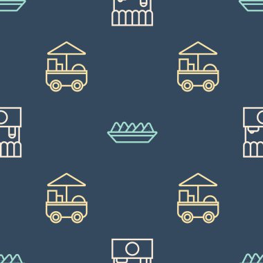 Sokak tezgahını güneşlikle, Fast Street yemek arabasıyla ve Nachos tabağıyla kusursuz desenli ayarla. Vektör.