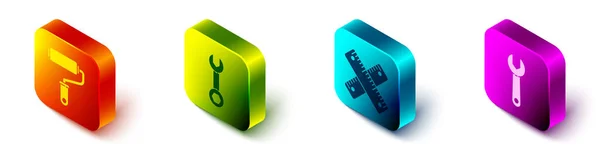 Set Isometric Paint Pinsel Schlüsselschlüssel Lineal Und Schlüsselschlüssel Symbol Vektor — Stockvektor