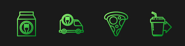 Set line Slice of pizza, Online ordering and delivery, Fast by car and Coffee cup to go. Gradient color icons. Vector.